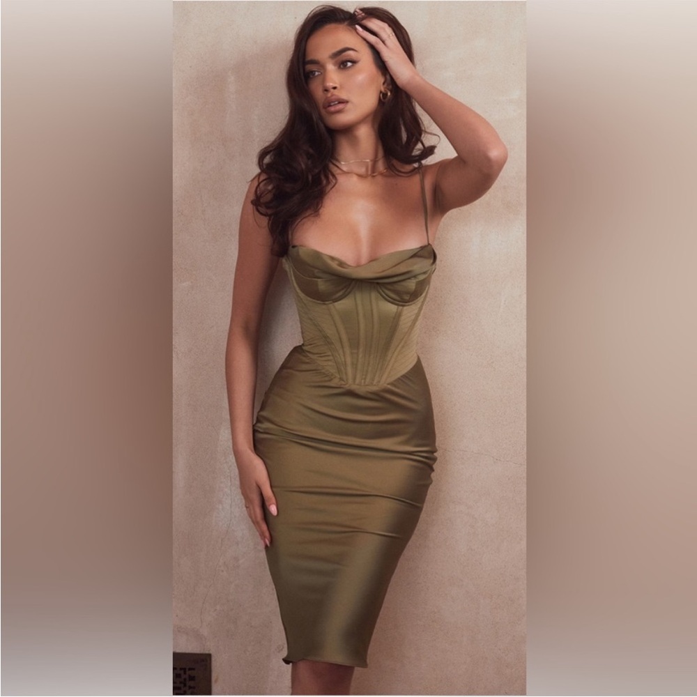 House of CB Myrna Satin Corset Slip Dress Olive Green